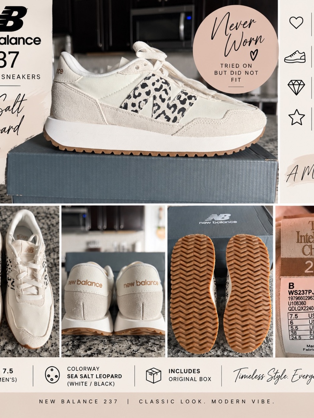 New Balance Kids 237 Sneakers in Sea Salt with Black Leopard Accent